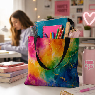 Bolsa Tote Arco-íris Abstrato Azul Rosa Amarelo 