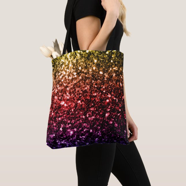Bolsa Tote Arco-íris amarelo vermelho roxo brilho falso faísc (Close Up)