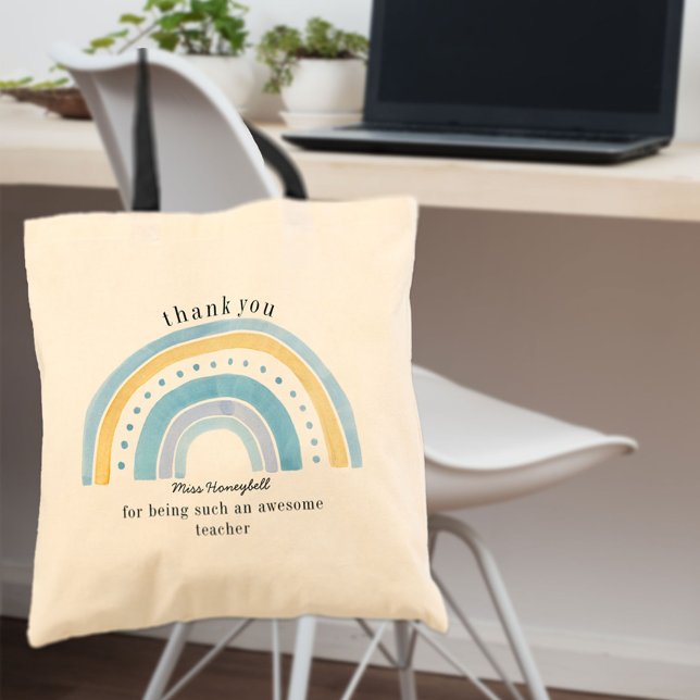 Bolsa Tote Arco-íris Azul Doodle Professor Fofo Obrigado (Criador carregado)