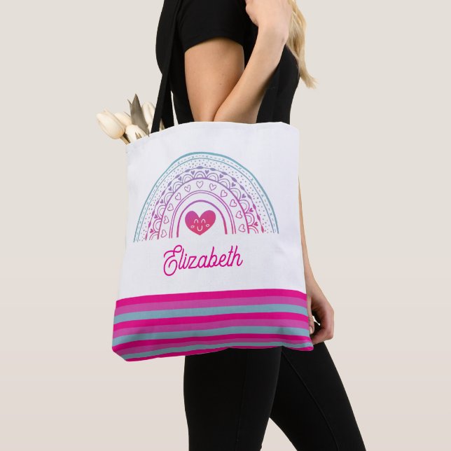 Bolsa Tote Arco-íris Boho Colorido Personalizado Fofo (Close Up)