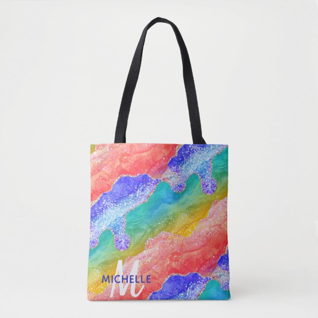 Bolsa Tote Arco-íris Brilhante & Glitter Falso de Ágata Doura (Frente)