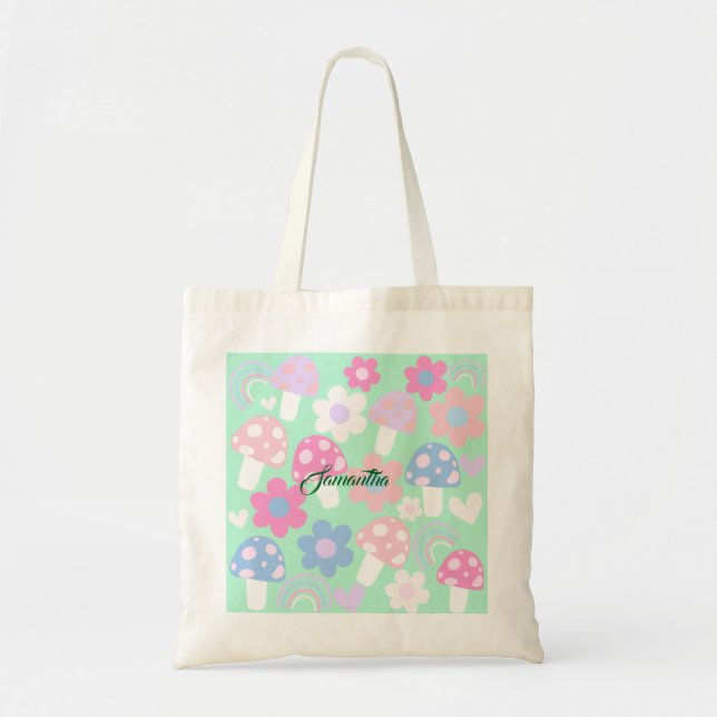 Bolsa Tote Arco-Íris, Cogumelos Frescos E Flores (Frente)