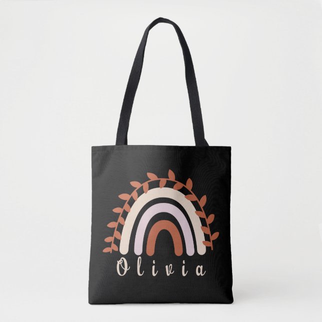 Bolsa Tote Arco-Íris Colorido com Nome Personalizado (Frente)