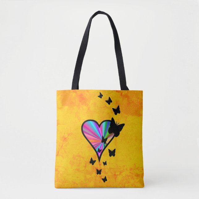 Bolsa Tote Arco-Íris Coração e Borboleta (Frente)