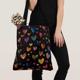 Bolsa Tote Arco-Íris Corações Coloridos Galáxia Fundo Preto
