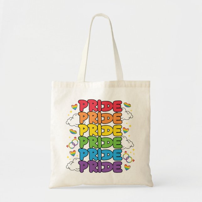 Bolsa Tote Arco-íris, Corações e Nuvens - Orgulho Repetido (Frente)