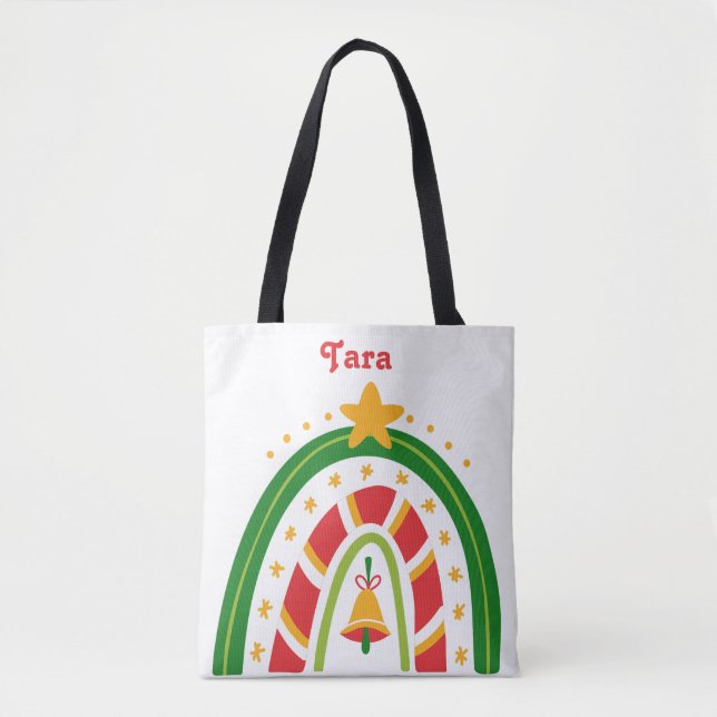 Bolsa Tote Arco-Íris de Natal Vermelho e Verde Personalizado (Frente)