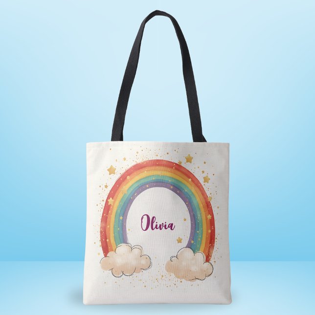 Bolsa Tote Arco-Íris Encantador de Meninas com Estrelas Brilh (Criador carregado)