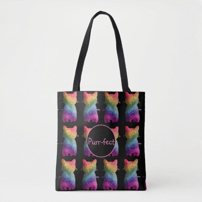Bolsa Tote Arco-Íris Escuro Glitter Gato Arco-Íris Aestésico (Frente)