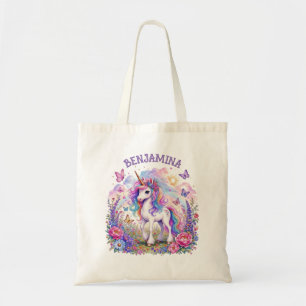 Bolsa Tote Arco-íris Unicórnio Magical Floral Prado Texto Rox