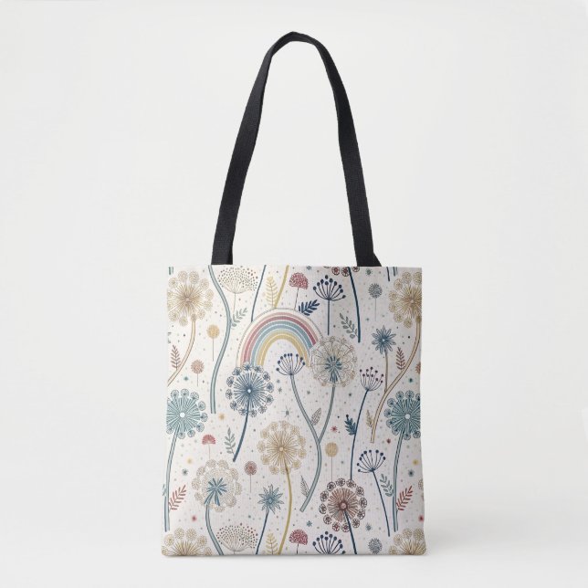 Bolsa Tote Arco-Íris Whimsical e Dandeliões Botânicos (2) (Frente)
