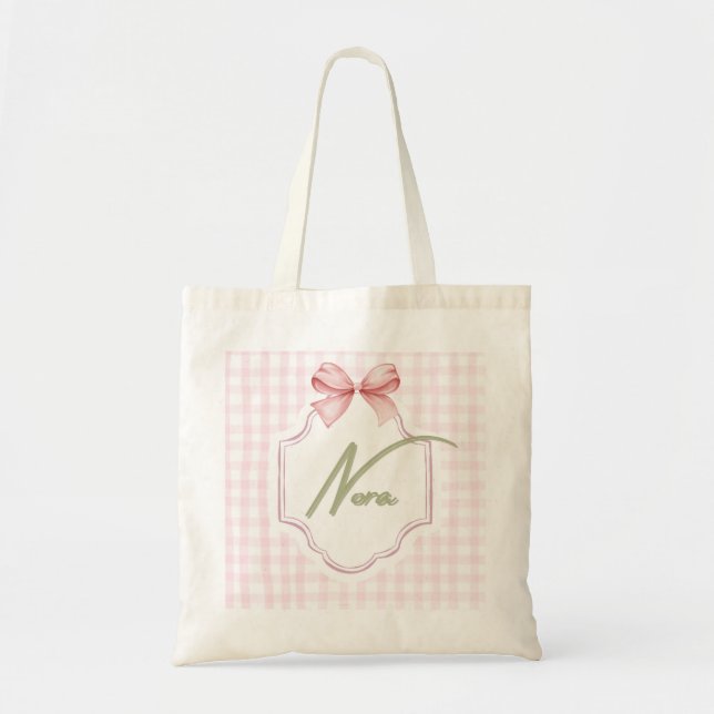 Bolsa Tote Arco Personalizado Nora Baby Girl Nursery &Gingham (Frente)