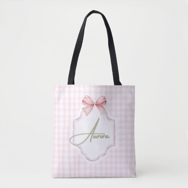 Bolsa Tote Arco Rosa Personalizado Aurora e Impressão Gingham (Frente)