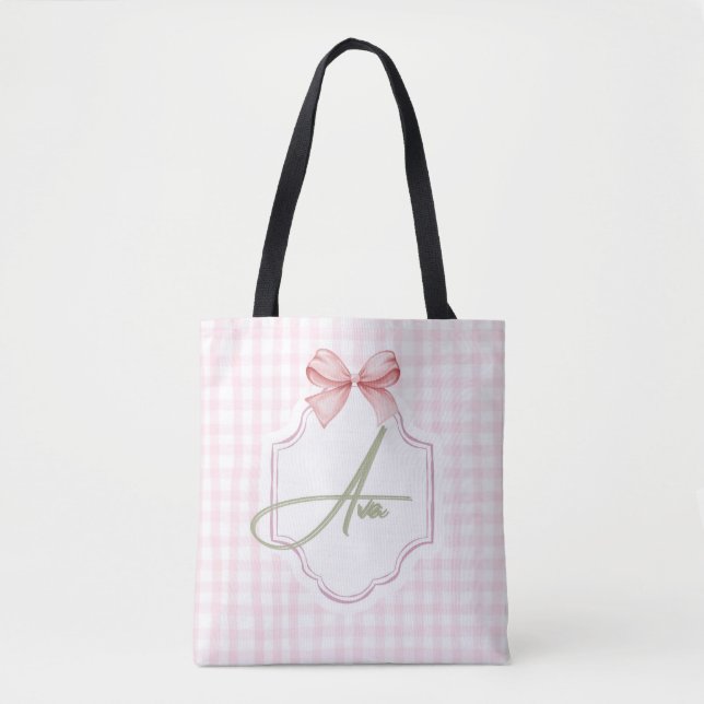 Bolsa Tote Arco rosa personalizado Ava e Impressão Gingham (Frente)
