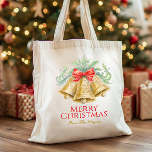Bolsa Tote Arco vermelho-aquarela e sinos dourados personaliz