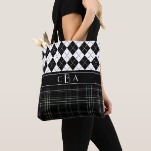 Bolsa Tote Argyle preto e branco e Tartan monograma