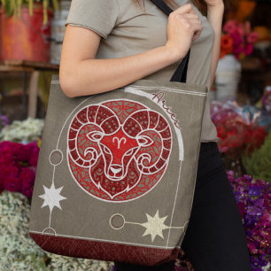 Bolsa Tote Aries Zodiac - Sinal vermelho Cinza branca Mandala
