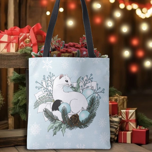 Bolsa Tote Arminho Branco Flocos de Neve Natal Azul (Criador carregado)