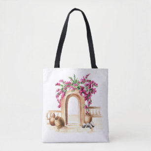 Bolsa Tote Arquitetura mediterrânica, flores, aquarela, h