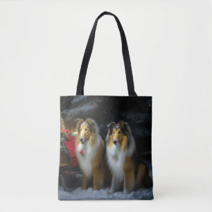 Bolsa Tote Arranjo de Natal de Collie Snowy Sleigh
