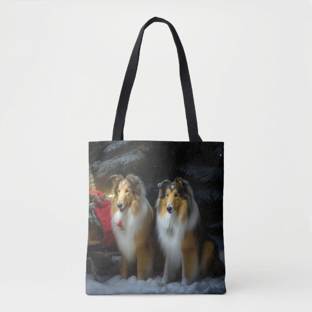 Bolsa Tote Arranjo de Natal de Collie Snowy Sleigh (Frente)