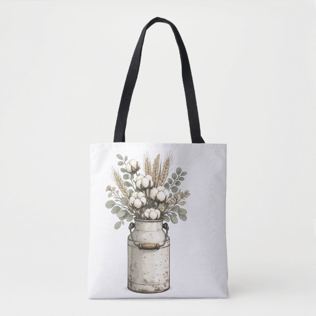 Bolsa Tote Arranjo Rústico de Algodão e Flores Silvestres em  (Frente)