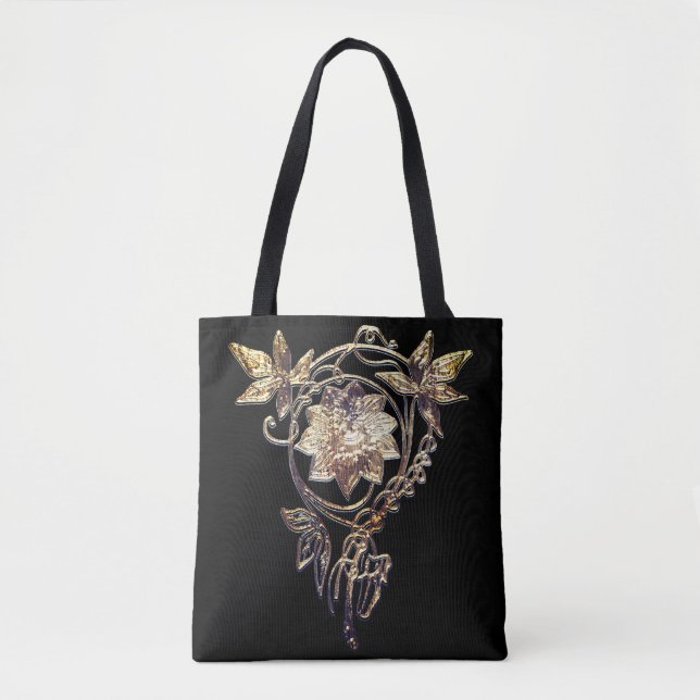 Bolsa Tote Artº Nouveau flor joia Ouro vitoriano e preto (Frente)