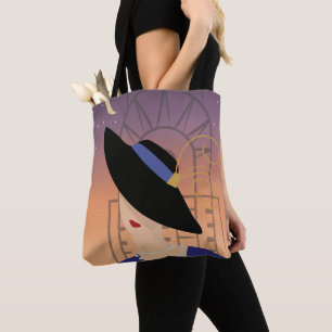 Bolsa Tote Art Deco 1930s Mulher do Chapéu com edifício Chr