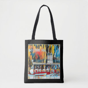 Bolsa Tote Art Deco Boston Swan Boats sobre fundo negro