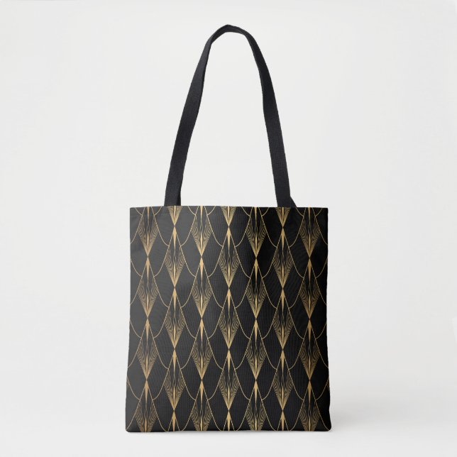 Bolsa Tote Art Deco: Dourado Luxo sem costura preto (Frente)