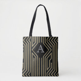 Bolsa Tote Art Deco Elegante Monograma Dourado Preto