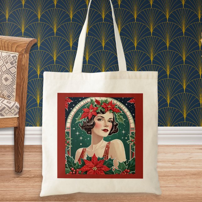 Bolsa Tote Art Deco Inspira Retrato Lady Elegante Natal (A Christmas tote bag with picture of an elegant lady, inspired by Art Deco style)