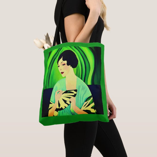 Bolsa Tote Art Deco Lady with a Fan Green (Close Up)