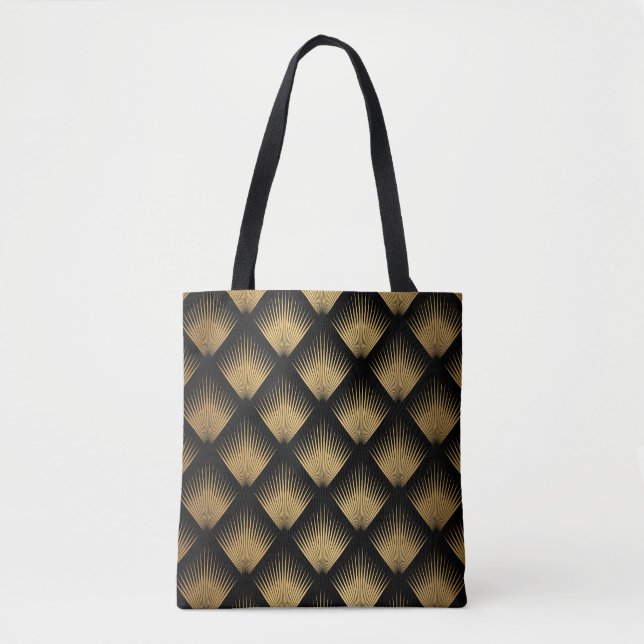 Bolsa Tote Art Deco, padrão de ouro negro. (Frente)