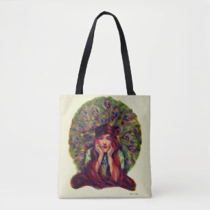 Bolsa Tote Art nouveau deco elegante mulher, penas de pavão