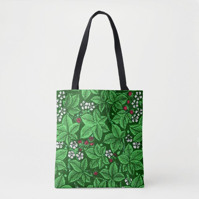 Bolsa Tote Art Nouveau Morangos e Folhas, Emerald Green (Frente)
