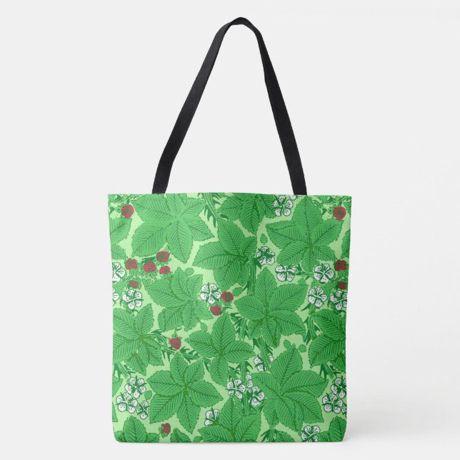 Bolsa Tote Art Nouveau Morangos e Folhas, Verde limão (Frente)