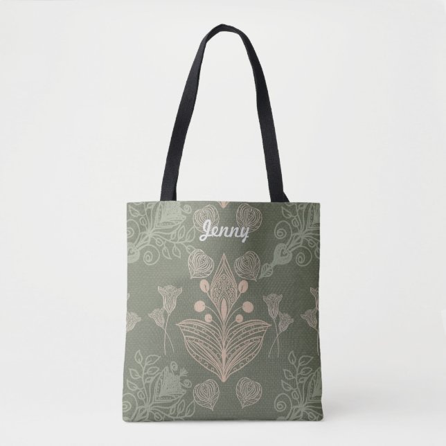 Bolsa Tote Art Nouveau Verde Floral Personalizado (Frente)