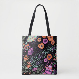 Bolsa Tote Arte abstrata colorida botânica tropical e insetos