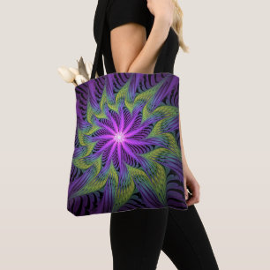 Bolsa Tote Arte abstrata fractal moderna flor roxa verde