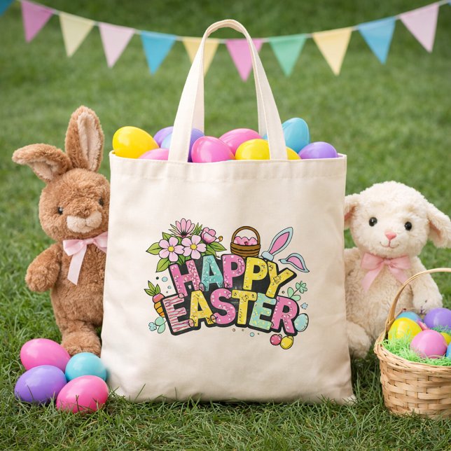 Bolsa Tote Arte Alegre de Páscoa com Orelhas de Coelho e Flor (Criador carregado)
