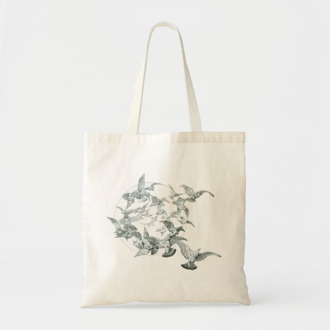 Bolsa Tote Arte Antiga Arte Nova Rebanho de Pássaros com Lua  (Frente)