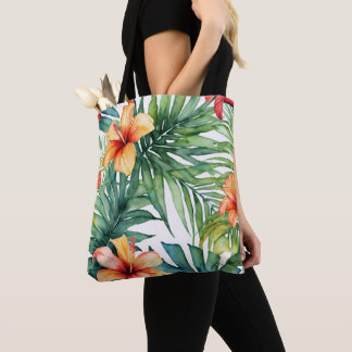 Bolsa Tote Arte Botânica De Aquarela Tropical | Palm Hibiscus