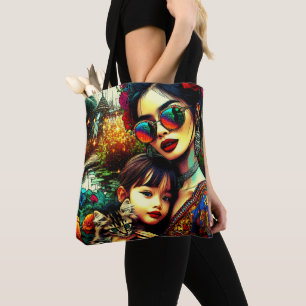 Bolsa Tote Arte Colorido Mãe e Filha Jardim de Flores Asiátic