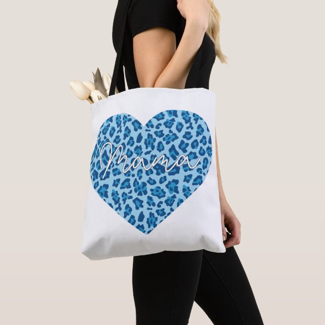 Bolsa Tote Arte da Mãe Personalizada sobre Padrão Azul-Leopar (Close Up)