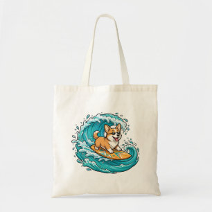 Bolsa Tote Arte de Adesivo de Verão de Corgi Surfando Onda na