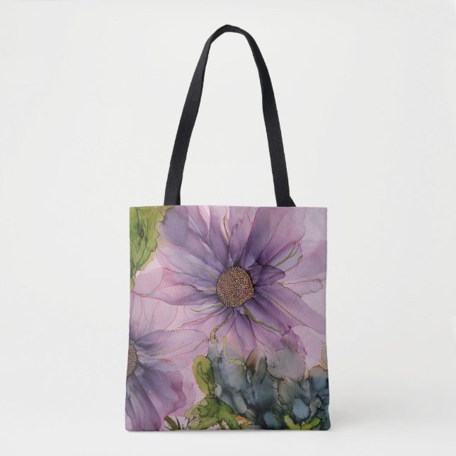 Bolsa Tote Arte de Álcool de Flor Rosa e Roxo (Frente)