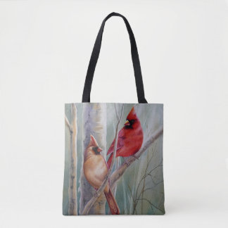 Bolsa Tote Arte de Aquarela com Par de Pássaro Cardinho Norte