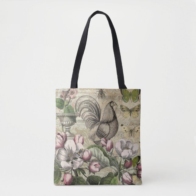 Bolsa Tote Arte de Colagem de Jardim com Galo Vintage: País F (Frente)
