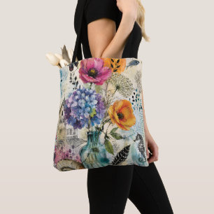 Bolsa Tote Arte de Colagem Mista Botânica Vibrante